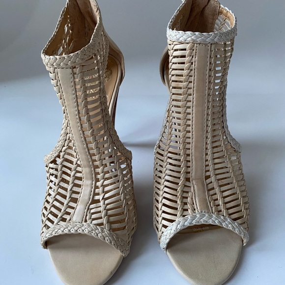 cream leather Vince Camuto woven high heel peek toe ankle bootie - Picture 3 of 9